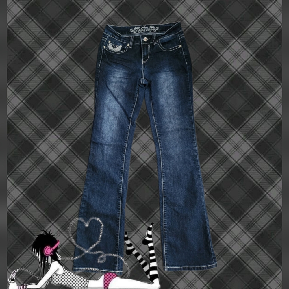 2000s navy blue low rise flare jeans with cute rhinestone embroidery <3